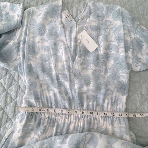 Vince Dahlia Floral Summer Dress Long Sleeve V Neck Women M Baby Blue White - Picture 9 of 16